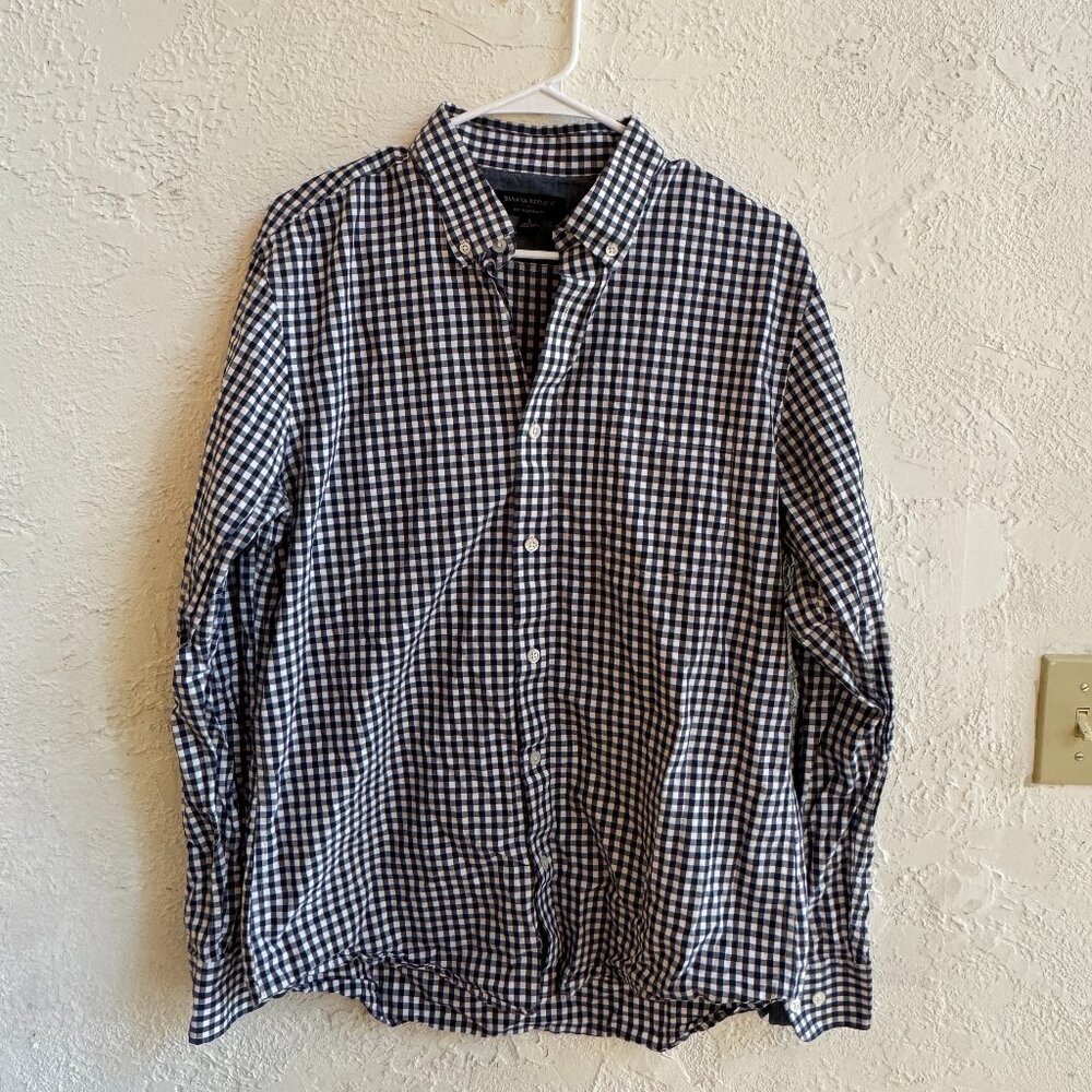Banana Republic Men's Button Up, Navy GIngham, Size Large